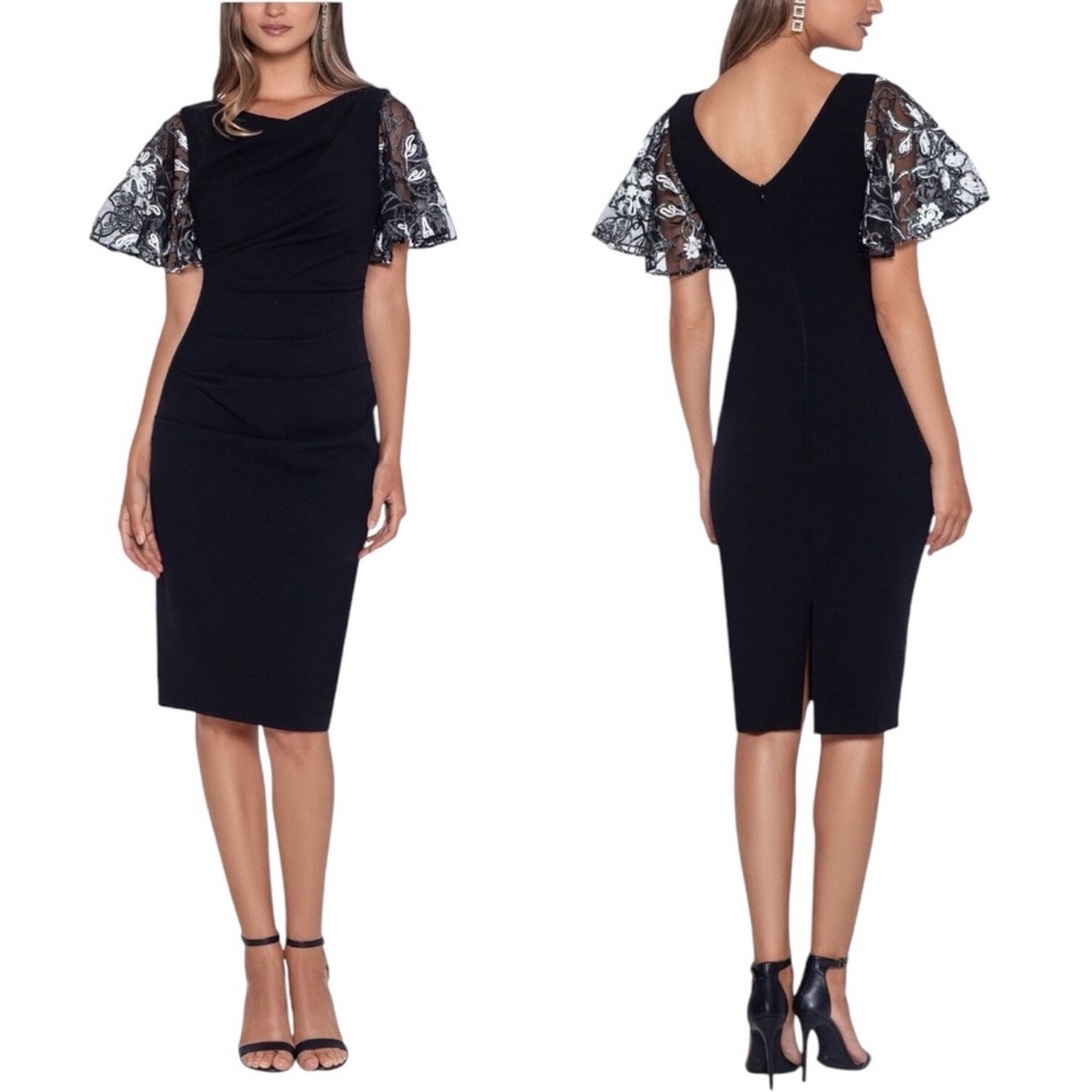 BETSY & ADAM Formal Sheath Dress Black Ruched Scuba Crepe Mesh Flutter S…